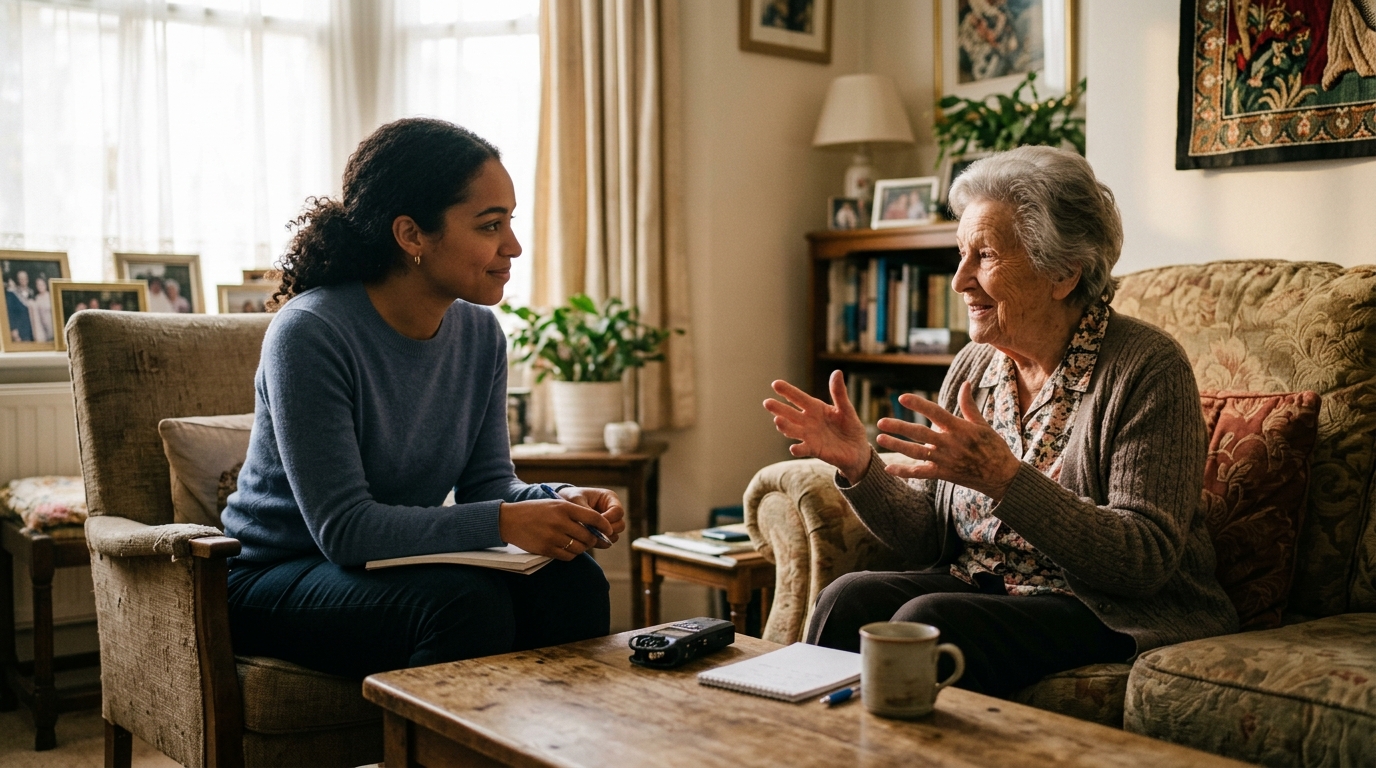 A young interviewer listening intently to a senior sharing wisdom