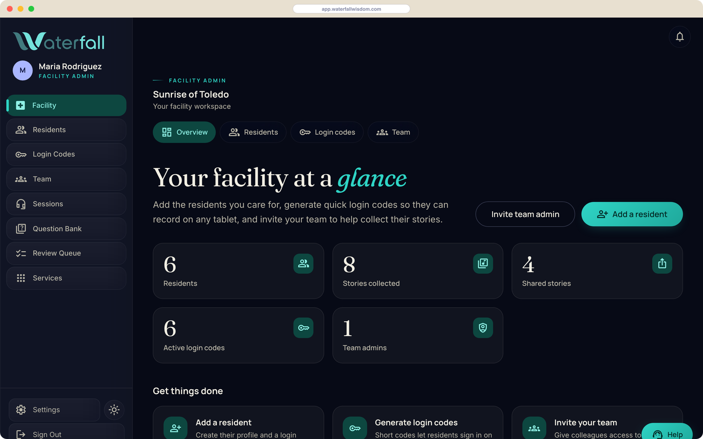 The facility workspace: residents, stories, and login codes at a glance.