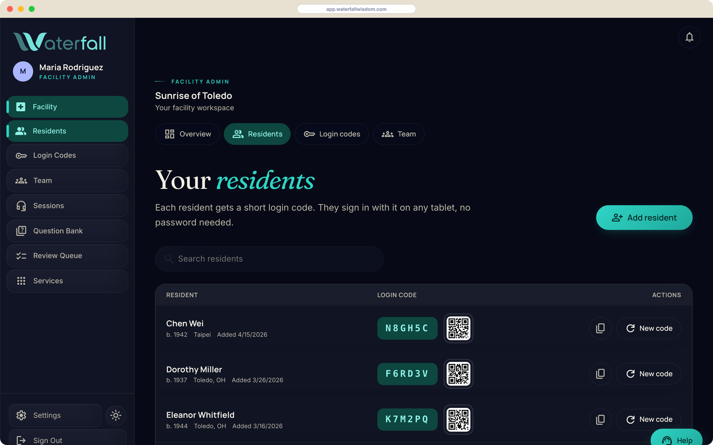 Resident profiles with sessions and consent in one view.