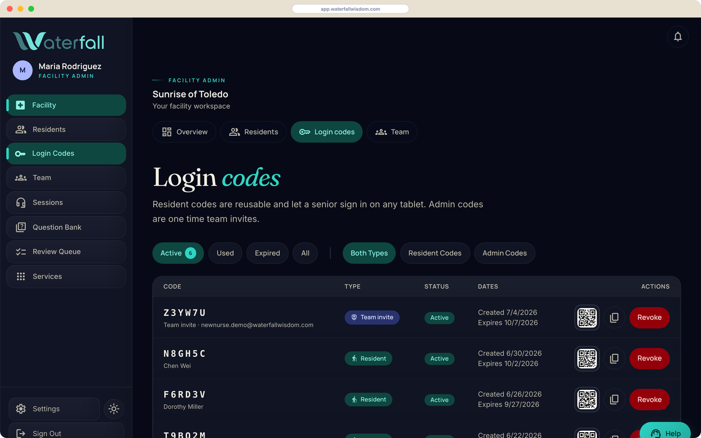 Short login codes let residents sign in on any tablet.