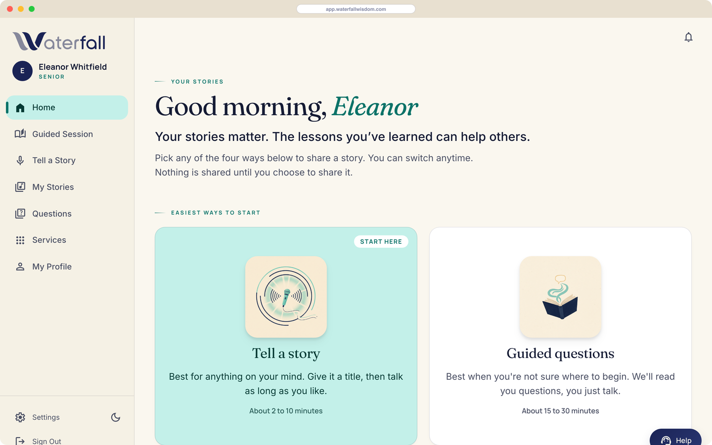 The home screen: four easy ways to share a story.
