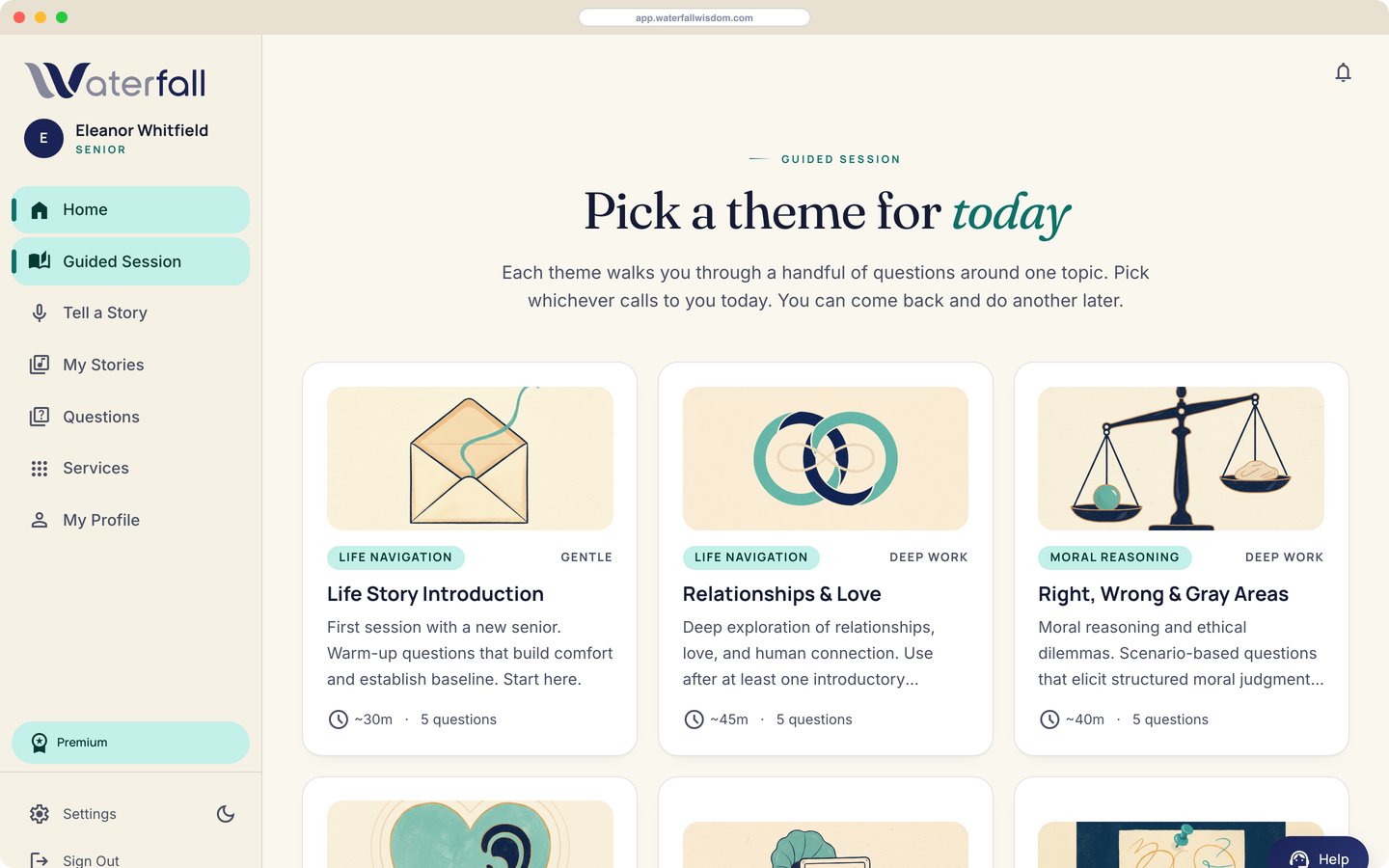 Guided sessions walk one theme with a handful of questions.