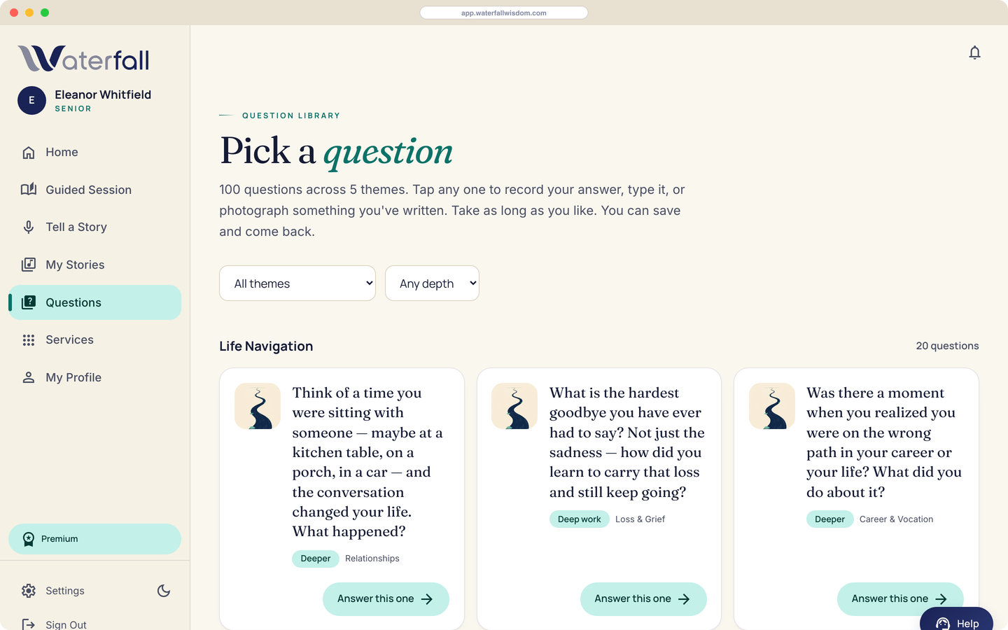 100 research grounded questions across five themes.